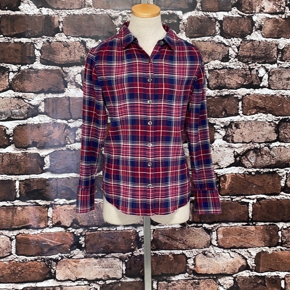 Caslon Top Button Shirt Plaid Red Blue XSP - Picture 2 of 12